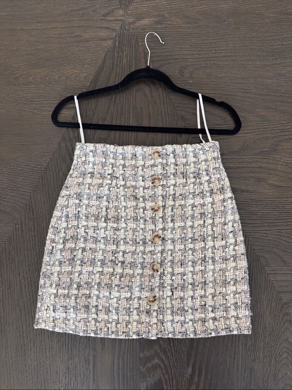 Pink Lily Button-Front Tweed Mini Skirt in Cream and Gray